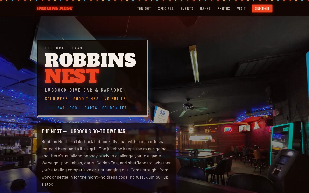 Robbins Nest mobile-first venue website home screen
